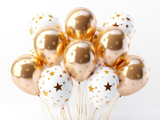 Poster - A cluster of gold and white balloons with star patterns on a light background, concept of celebration. Generative AI