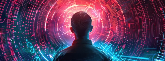 Wall Mural - An illustration of a futuristic scientist using quantum computers with complex mathematical equations floating around, symbolizing the forefront of computational technology.