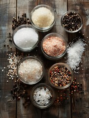 Poster - A variety of salts and peppers in glass jars and bowls, including sea salt, pink Himalayan salt, black peppercorns, and white pepper, arranged on a rustic wooden background. Generative AI