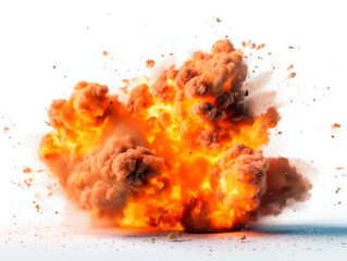 Aufkleber - A large, intense explosion with bright flames and smoke on a white background, concept of disaster. Generative AI