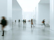 © Who is Danny - Blurred figures walking through a minimalist modern gallery with white walls and a light floor, representing motion and time. Generative AI