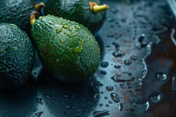 Fresh whole avocados with water droplets on a kitchen countertop