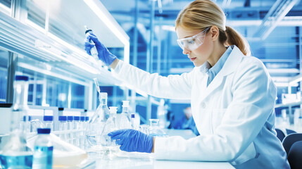 Poster - Female scientist analyzing a test tube in a laboratory, blue and white tones, modern lab background, concept of research. Generative AI