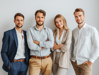 Aufkleber - Four young professionals posing confidently, casual and business attire, neutral background, concept of teamwork. Generative AI