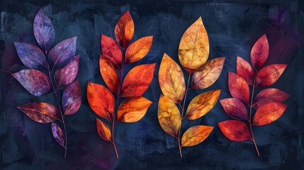 Abstract leaves triptych featuring bold red, orange, yellow, and purple leaves on a dark blue background, raw and vivid autumn colors