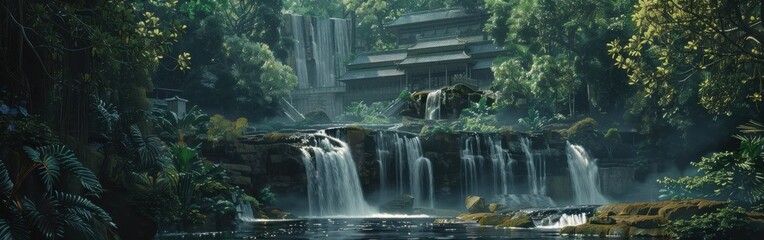 Wall Mural - Lush Rainforest Waterfall With Ancient Temple Ruins in the Background