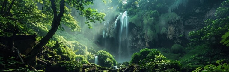 Wall Mural - Lush Green Waterfall In A Tropical Forest