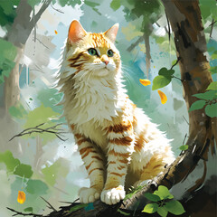 Wall Mural - Vector watercolour cat in the garden