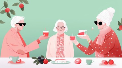 Wall Mural - elderly poet reciting poetry at a picnic National Picnic Day adult people illustration vector females love - emotion concepts women's issues poster red template text symbol day social issues