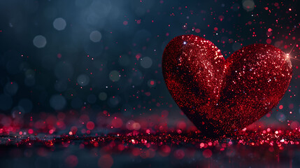 Wall Mural - A large red heart made of glitter, glitter background, sparkling particles, Valentine's Day theme, mobile wallpaper, shiny and dreamy, digital art style, dark tones, high resolution, close-up shot.