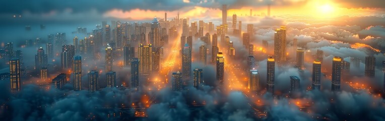 Wall Mural - Cityscape of Skyscrapers Emerging From the Clouds at Sunset