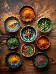 Poster - A top-down view of various colorful spices, including turmeric, paprika, cumin, and coriander, in beautiful ceramic bowls arranged on a rustic wooden table. Generative AI