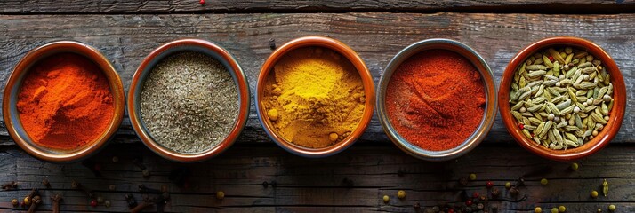 Fototapete - A top-down view of various colorful spices in ceramic bowls arranged on a rustic wooden surface. Generative AI