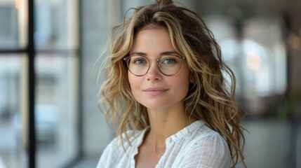 Wall Mural - Blonde Woman Wearing Glasses and White Shirt Indoors