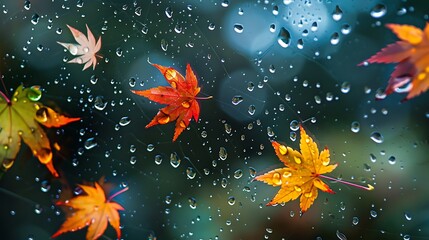 Wall Mural - raindrops and fallen maple leaves on the window