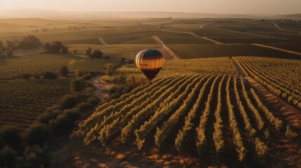 Wall Mural - Hot air balloon journeying over a sprawling vineyard