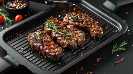 Wall Mural - A close-up image of four grilled steak pieces on a cast iron griddle with tongs. The steaks are cooked to a juicy medium-rare and are seasoned with salt, pepper, and herbs