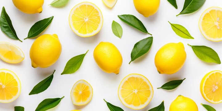 A vibrant composition of fresh lemon slices with green leaves, isolated on a white background