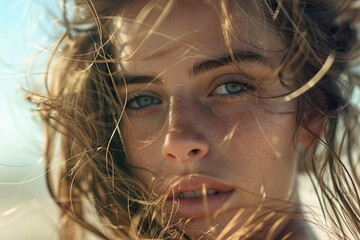 Wall Mural - Beautiful young girl with brown hair blowing in the wind