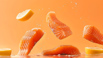 Poster - Cut fresh salmon falling on pale orange background