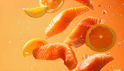 Wall Mural - Cut fresh salmon falling on pale orange background