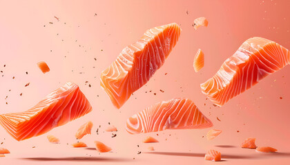 Poster - Cut fresh salmon falling on pale orange background
