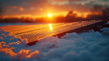 Wall Mural - Close-up shot of solar panels with a dusting of snow, capturing the winter scene and the functionality of solar technology in cold conditions, sunlight reflecting off the panels and snow, hd quality -