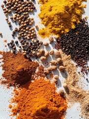 Poster - Close-up photo of turmeric, coriander, and paprika spread on a white surface. Arranged in rows, the vibrant spices create a colorful scene. Generative AI