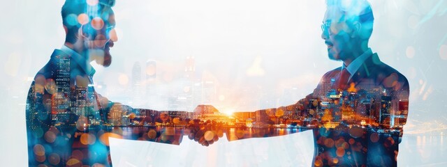 Wall Mural - Double exposure photograph of business people shaking hands with a cityscape in the background, symbolizing successful marketing and stock market collaboration, on a clean white background.