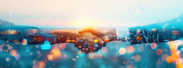 Poster - Double exposure photograph of businesspeople shaking hands with a cityscape and stock market overlays, symbolizing collaboration and success in marketing, on a white background.