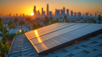 Wall Mural - Close-up view of solar panels on a rooftop in the city, the modern urban environment visible in the background, highlighting the use of green technology, with sunlight casting dynamic reflections, hd 