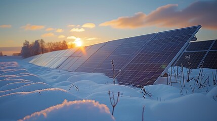 Wall Mural - Close-up view of solar panels with snow covering, emphasizing the winter landscape and the effectiveness of solar technology, with sunlight casting soft shadows, hd quality, natural look --ar 16:9 --v