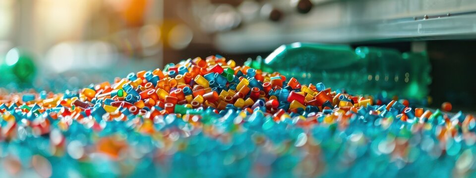 Plastic Bottle Recycling: A close-up of a machine crushing plastic bottles, turning them into small pellets ready for recycling.