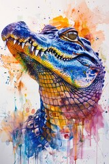 Poster - A vibrant illustration of an alligator in various colors, created using watercolor techniques