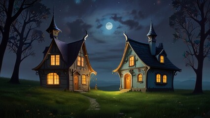 Wall Mural - Whimsical Houses Under Moonlit Night