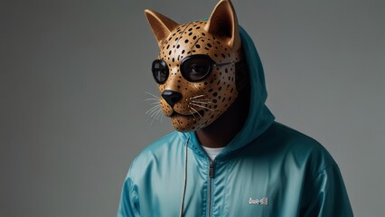 Person in leopard mask and blue hoodie
