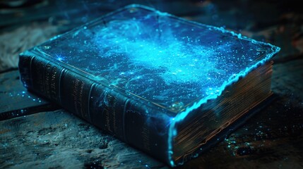 Sticker - A book with a glowing blue cover sitting on a rock, great for use as a symbol or metaphor in editorial content