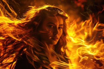 Aufkleber - A woman stands in a fiery situation with her long hair engulfed in flames, this image could be used for conceptual or dramatic purposes