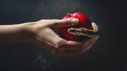 Aufkleber - A person holds an apple as a snake wraps around it, suitable for use in nature, adventure or symbolism contexts