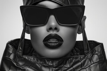 Wall Mural - A woman wearing sunglasses and a leather jacket, suitable for use in editorial or lifestyle settings