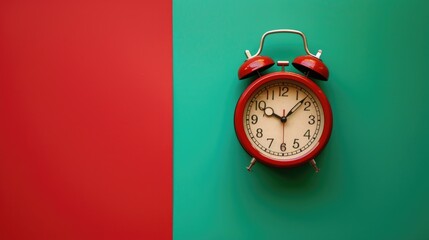 Poster - A red alarm clock sits atop a colorful wall, providing a bold pop of color
