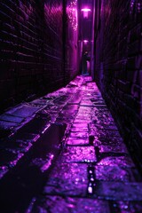 Poster - A wet street scene with a purple light illuminating the background