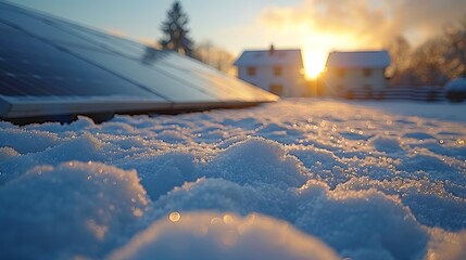 Wall Mural - Detailed close-up of solar panels with a light snow cover, showcasing the resilience and functionality in cold conditions, with sunlight casting soft highlights on the snowy surface, hd quality --ar 1