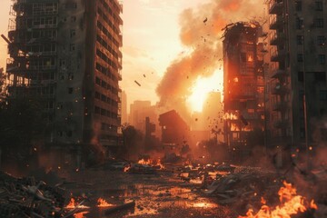 Aufkleber - A city scene with destruction caused by fire, showing rubble and debris
