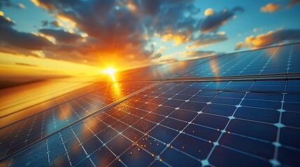 Solar panel array in a close-up aerial shot, emphasizing the detailed geometric patterns and the extensive array, with sunlight reflecting off the surfaces, hd quality, natural look --ar 16:9 --v 6.