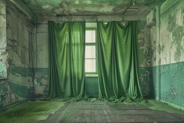 Wall Mural - Cozy interior scene with green curtains and a window, ideal for home decoration or lifestyle images