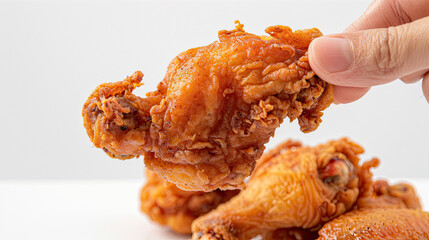 Sticker - fingers holding fried chicken on white background 