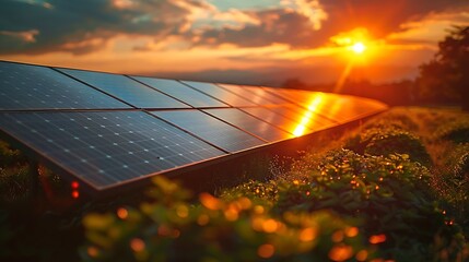 Solar panel array in a close-up aerial shot, emphasizing the detailed geometric patterns and the extensive array, with sunlight reflecting off the surfaces, hd quality, natural look --ar 16:9 --v 6.