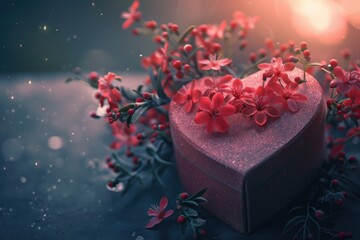 Aufkleber - A heart-shaped box filled with red flowers, perfect for Valentine's Day or romantic occasions