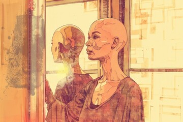 Poster - A woman holds a skull in front of a mirror